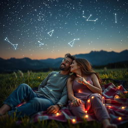 An aesthetic background featuring a couple lying on a blanket under a starlit sky, sharing a moment of wonder as they gaze at the stars together