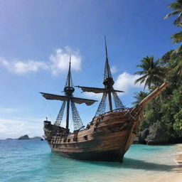 The majestic pirate ship from earlier, now gracefully anchored in the shallow waters of an unexplored tropical island