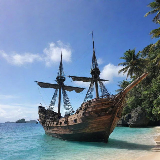 The majestic pirate ship from earlier, now gracefully anchored in the shallow waters of an unexplored tropical island