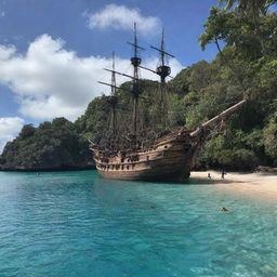 The majestic pirate ship from earlier, now gracefully anchored in the shallow waters of an unexplored tropical island