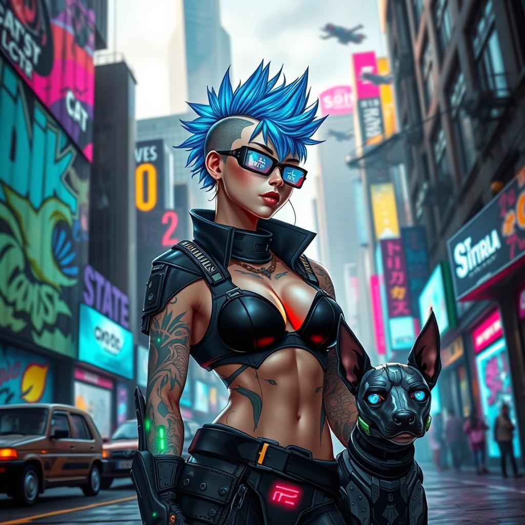 A futuristic, cyberpunk character with neon tattoos glowing on their skin, wearing sleek, high-tech armor that blends fashion and functionality