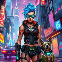 A futuristic, cyberpunk character with neon tattoos glowing on their skin, wearing sleek, high-tech armor that blends fashion and functionality