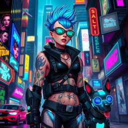 A futuristic, cyberpunk character with neon tattoos glowing on their skin, wearing sleek, high-tech armor that blends fashion and functionality