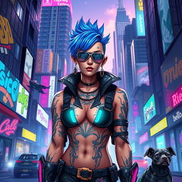 A futuristic, cyberpunk character with neon tattoos glowing on their skin, wearing sleek, high-tech armor that blends fashion and functionality