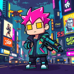 A pixel art character in a cyberpunk style, featuring a small, blocky figure with vibrant colors