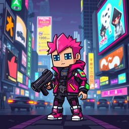 A pixel art character in a cyberpunk style, featuring a small, blocky figure with vibrant colors