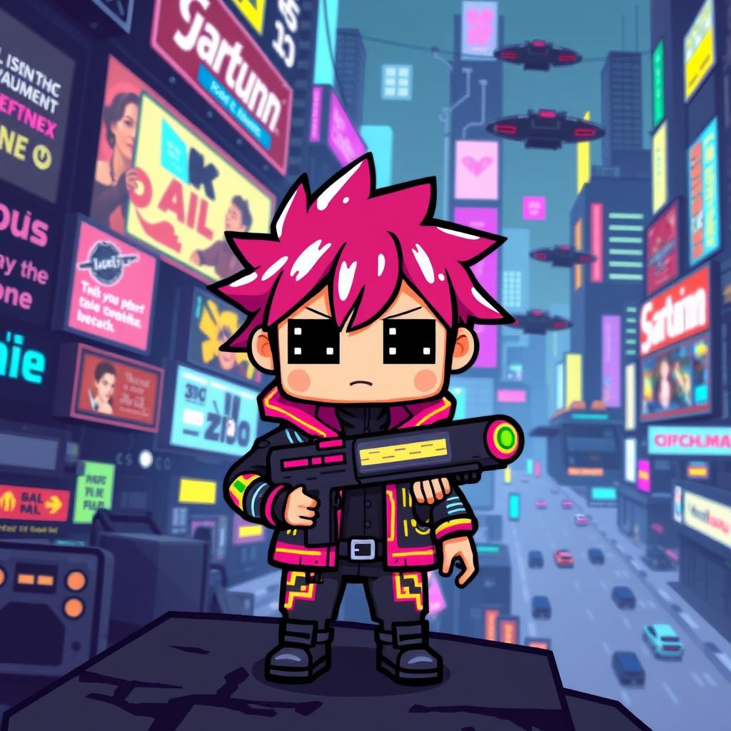 A pixel art character in a cyberpunk style, featuring a small, blocky figure with vibrant colors