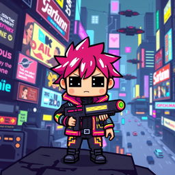 A pixel art character in a cyberpunk style, featuring a small, blocky figure with vibrant colors