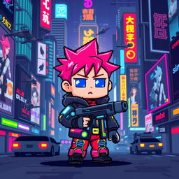 A pixel art character in a cyberpunk style, featuring a small, blocky figure with vibrant colors