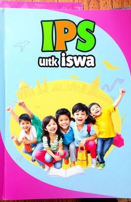 A vibrant and engaging book cover for an IPS (Ilmu Pengetahuan Sosial) textbook aimed at students, featuring a group of diverse students happily interacting and enjoying learning