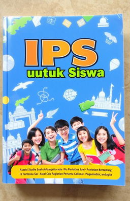 A vibrant and engaging book cover for an IPS (Ilmu Pengetahuan Sosial) textbook aimed at students, featuring a group of diverse students happily interacting and enjoying learning