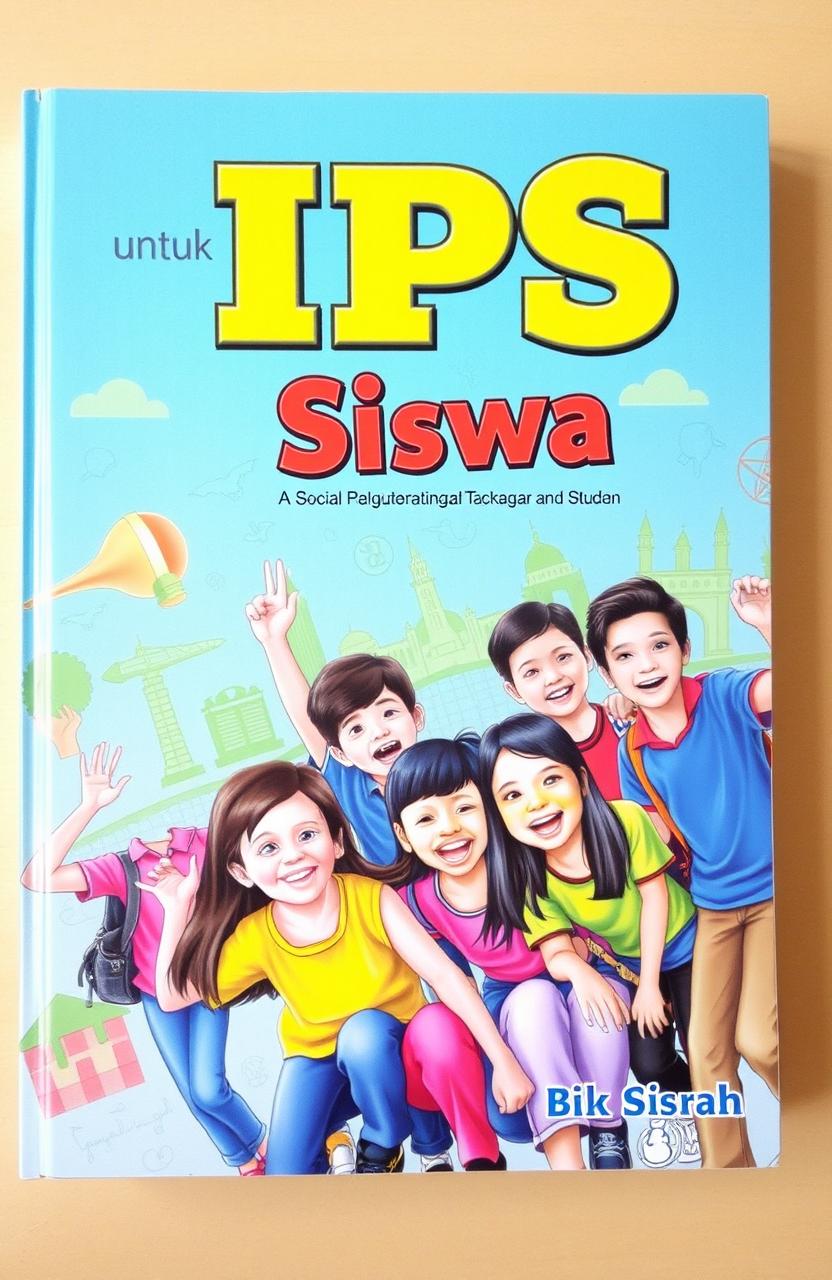 A vibrant and engaging book cover for an IPS (Ilmu Pengetahuan Sosial) textbook aimed at students, featuring a group of diverse students happily interacting and enjoying learning