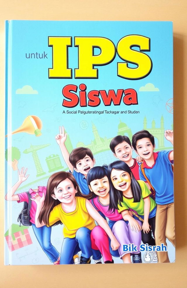 A vibrant and engaging book cover for an IPS (Ilmu Pengetahuan Sosial) textbook aimed at students, featuring a group of diverse students happily interacting and enjoying learning