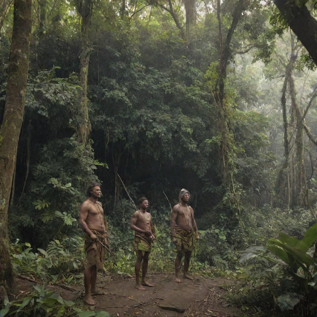 On the previously described tropical island, indigenous tribesmen armed with bows and arrows, and primitive swords stand guard, watching the outdoor from under the jungle's thick canopy.