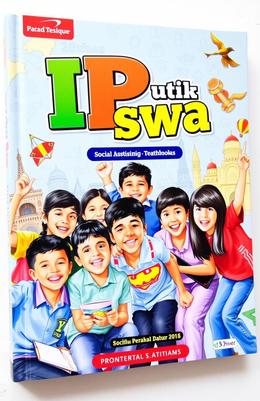 A vibrant and engaging book cover for an IPS (Ilmu Pengetahuan Sosial) textbook aimed at students, featuring a group of diverse students happily interacting and enjoying learning