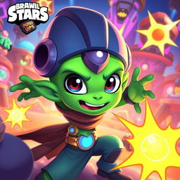 An artistic digital illustration depicting an alien character from the game Brawl Stars, with distinct features such as vibrant green skin, large expressive eyes, and unique alien attire