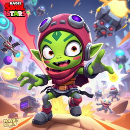 An artistic digital illustration depicting an alien character from the game Brawl Stars, with distinct features such as vibrant green skin, large expressive eyes, and unique alien attire