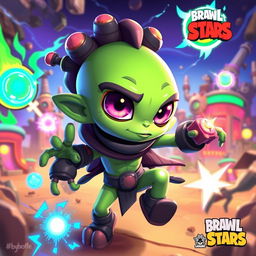 An artistic digital illustration depicting an alien character from the game Brawl Stars, with distinct features such as vibrant green skin, large expressive eyes, and unique alien attire