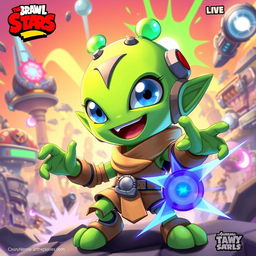 An artistic digital illustration depicting an alien character from the game Brawl Stars, with distinct features such as vibrant green skin, large expressive eyes, and unique alien attire