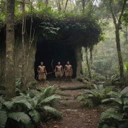 On the previously described tropical island, indigenous tribesmen armed with bows and arrows, and primitive swords stand guard, watching the outdoor from under the jungle's thick canopy.