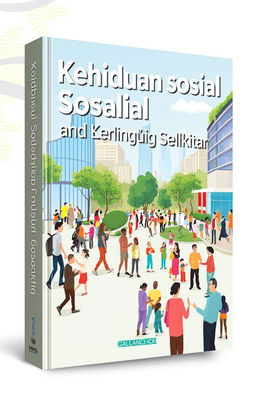 A book cover design for a title 'Kehidupan Sosial dan Kondisi Lingkungan Sekitar' featuring a modern social atmosphere