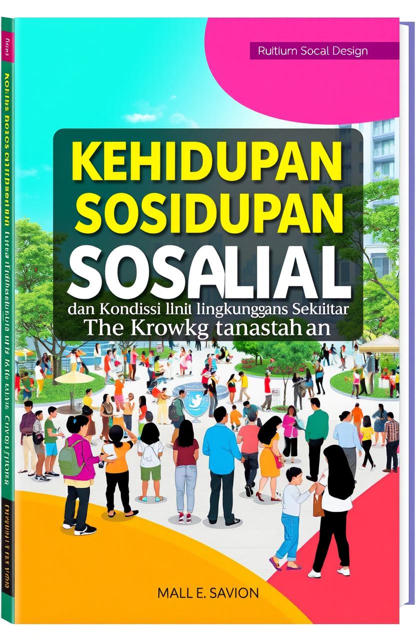 A book cover design for a title 'Kehidupan Sosial dan Kondisi Lingkungan Sekitar' featuring a modern social atmosphere