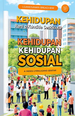 A book cover design for a title 'Kehidupan Sosial dan Kondisi Lingkungan Sekitar' featuring a modern social atmosphere