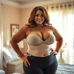 A voluptuous woman with large breasts showcasing confidence and allure, standing in a sunlit bedroom