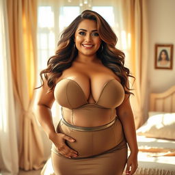 A voluptuous woman with large breasts showcasing confidence and allure, standing in a sunlit bedroom