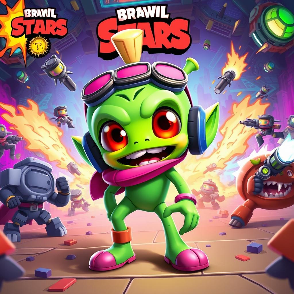 A striking digital artwork featuring the alien character from Brawl Stars, known for its vibrant colors and playful design