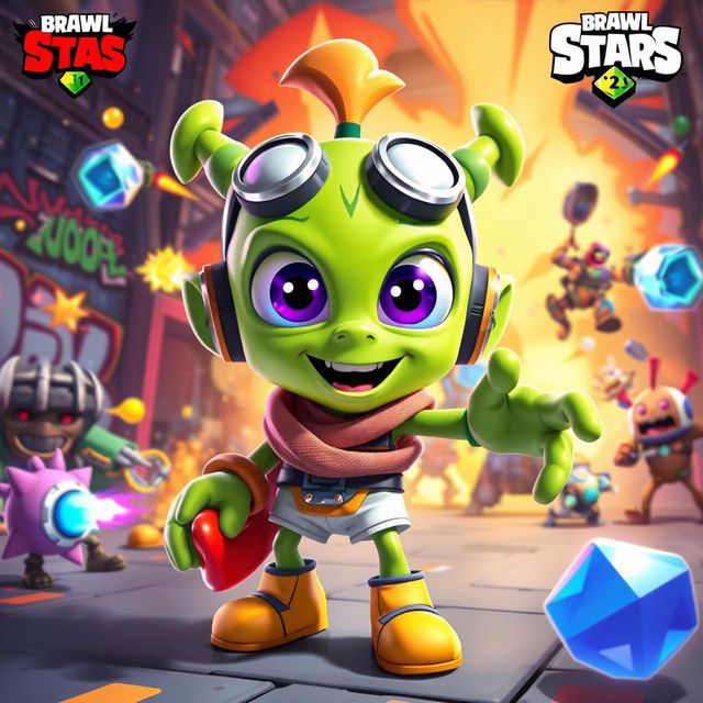 A striking digital artwork featuring the alien character from Brawl Stars, known for its vibrant colors and playful design