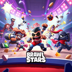 A vivid digital artwork capturing the essence of Brawl Stars, showcasing a dynamic scene with various brawlers fighting in a colorful arena