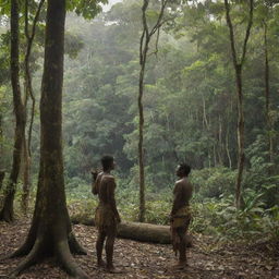 On the previously described tropical island, indigenous tribesmen armed with bows and arrows, and primitive swords stand guard, watching the outdoor from under the jungle's thick canopy.