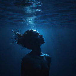 An artistic illustration of a girl submerged in a deep, dark blue sea, her silhouette illuminated by fractals of underwater light.