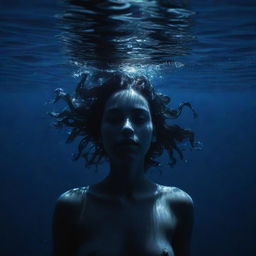 An artistic illustration of a girl submerged in a deep, dark blue sea, her silhouette illuminated by fractals of underwater light.