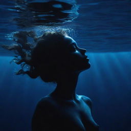 An artistic illustration of a girl submerged in a deep, dark blue sea, her silhouette illuminated by fractals of underwater light.