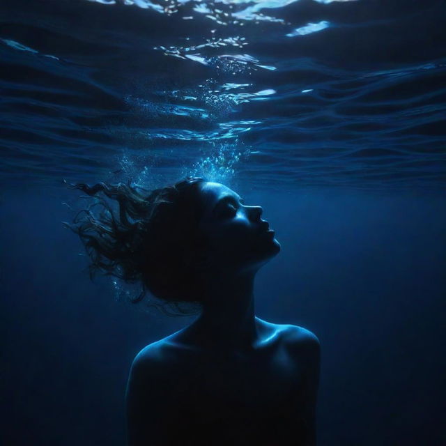 An artistic illustration of a girl submerged in a deep, dark blue sea, her silhouette illuminated by fractals of underwater light.