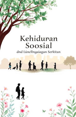 Aesthetic book cover for an educational book titled 'Kehidupan Sosial dan Kondisi Lingkungan Sekitar'