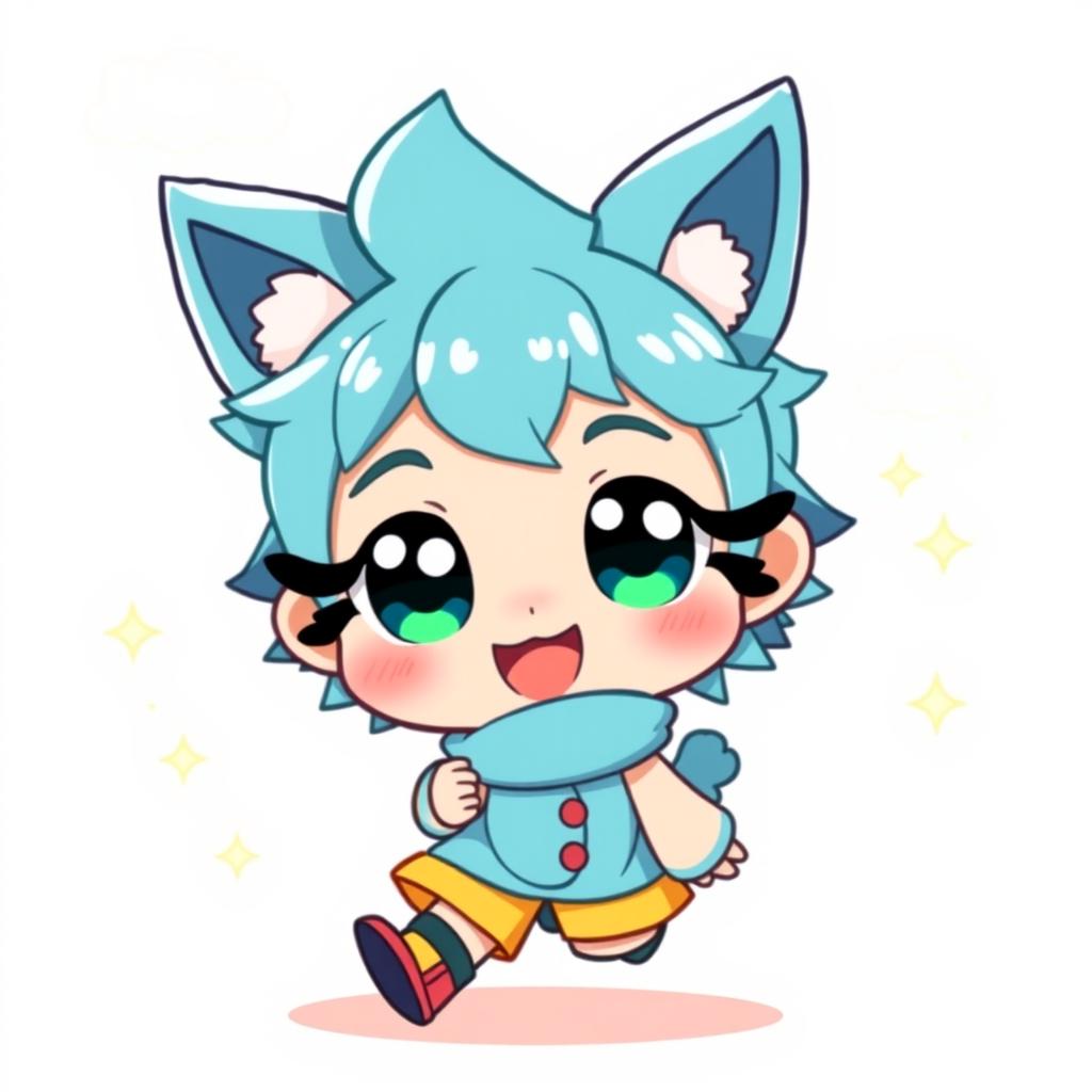 A cute chibi character with large expressive eyes, wearing a brightly colored outfit with oversized accessories, smiling joyfully