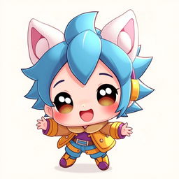 A cute chibi character with large expressive eyes, wearing a brightly colored outfit with oversized accessories, smiling joyfully