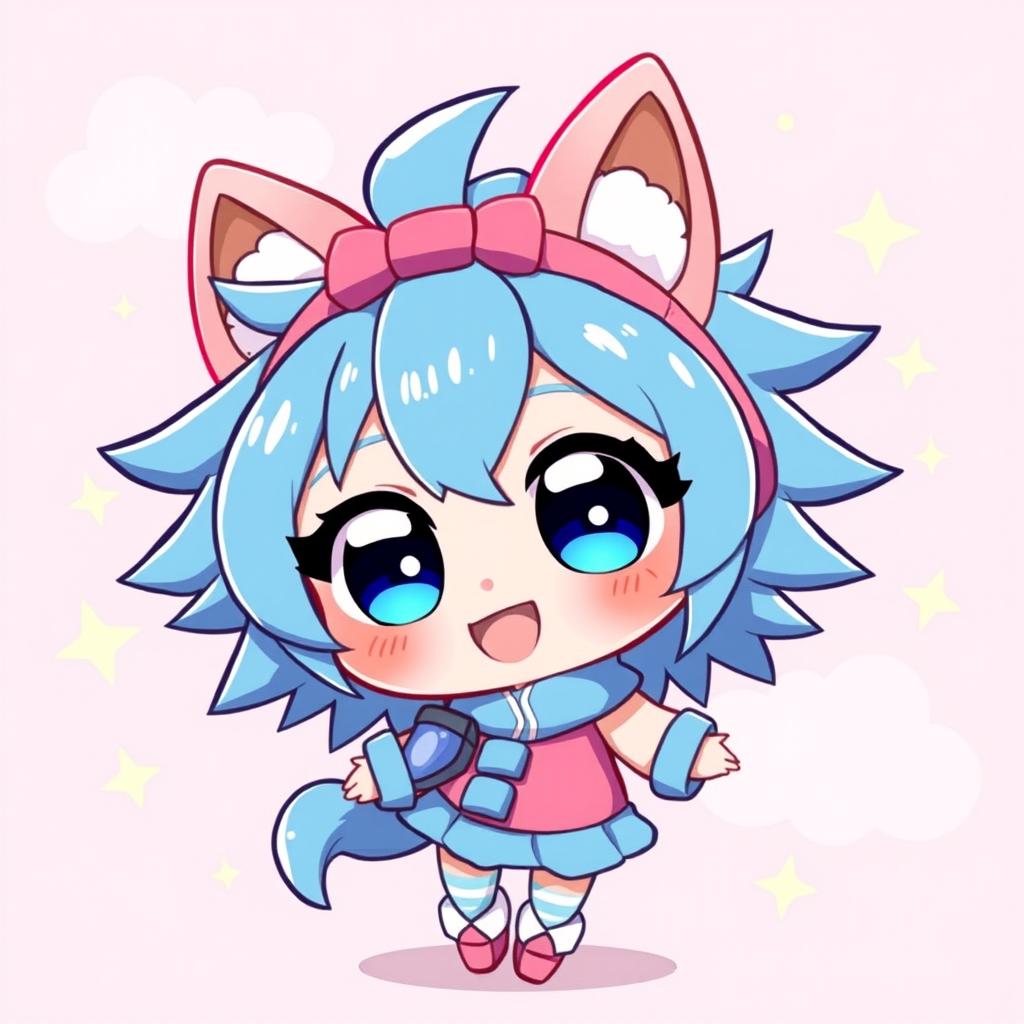 A cute chibi character with large expressive eyes, wearing a brightly colored outfit with oversized accessories, smiling joyfully