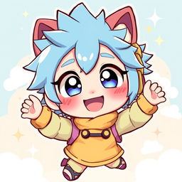 A cute chibi character with large expressive eyes, wearing a brightly colored outfit with oversized accessories, smiling joyfully