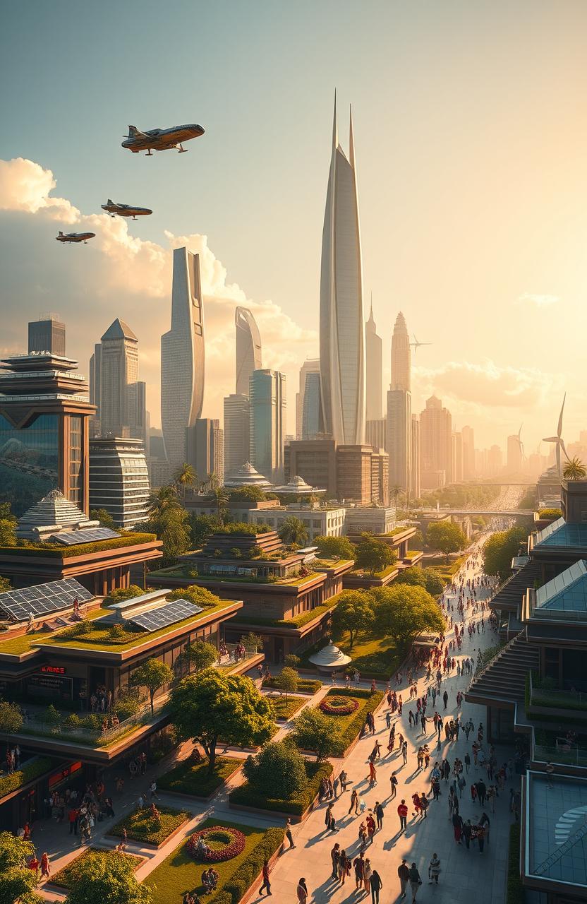 A stunning utopian cityscape, featuring futuristic architecture with sleek skyscrapers and green parks