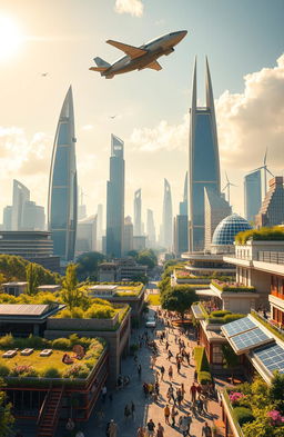 A stunning utopian cityscape, featuring futuristic architecture with sleek skyscrapers and green parks