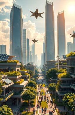 A stunning utopian cityscape, featuring futuristic architecture with sleek skyscrapers and green parks