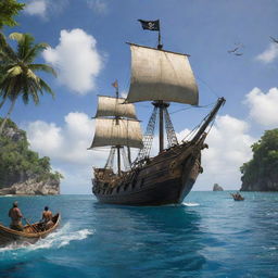 The tribal warriors from the tropical island, vehemently charge towards the anchored pirate ship, brandishing their handmade weaponry, arrows sailing through the air.