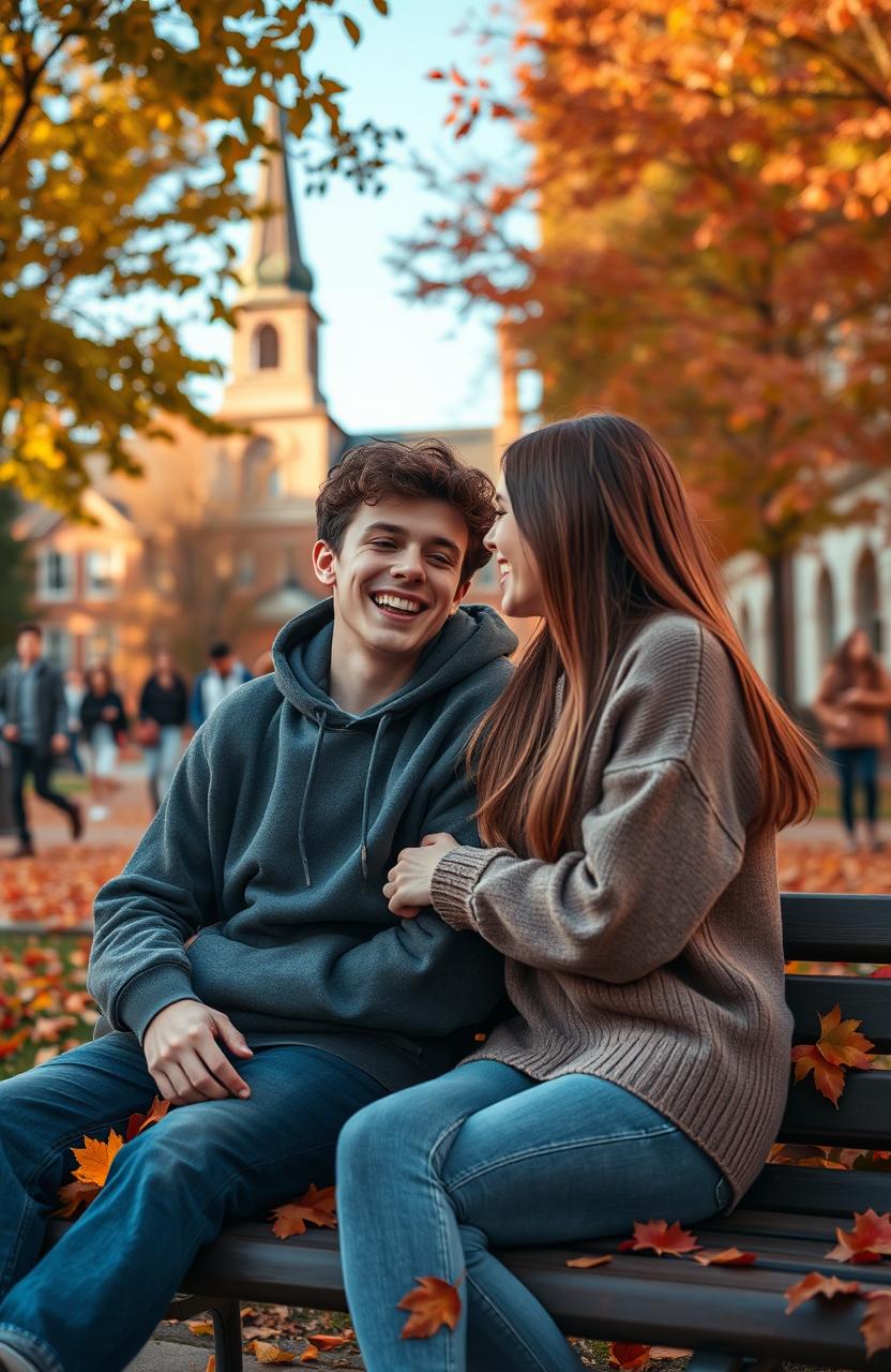 A romantic scene depicting two university students in love on a college campus