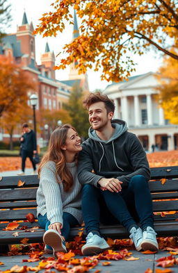 A romantic scene depicting two university students in love on a college campus