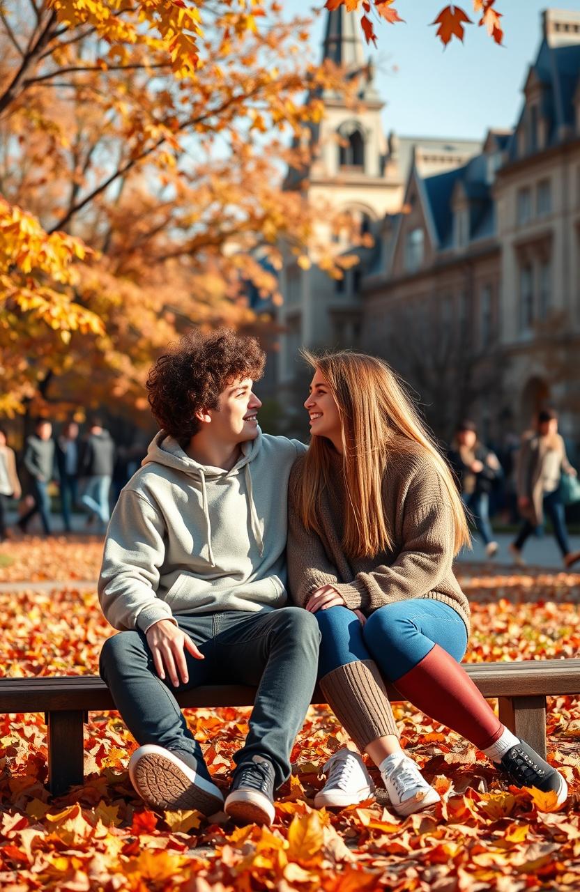 A romantic scene depicting two university students in love on a college campus