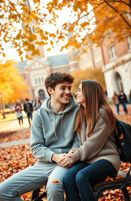 A romantic scene depicting two university students in love on a college campus